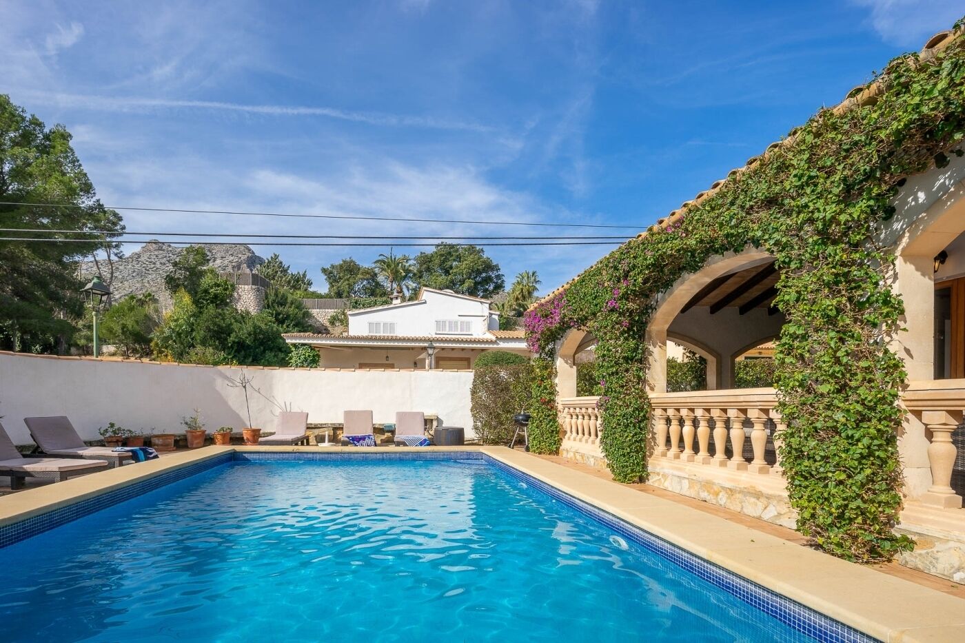 A swimming pool with lounge chairs, a pergola with climbing plants, and a white building in the background.