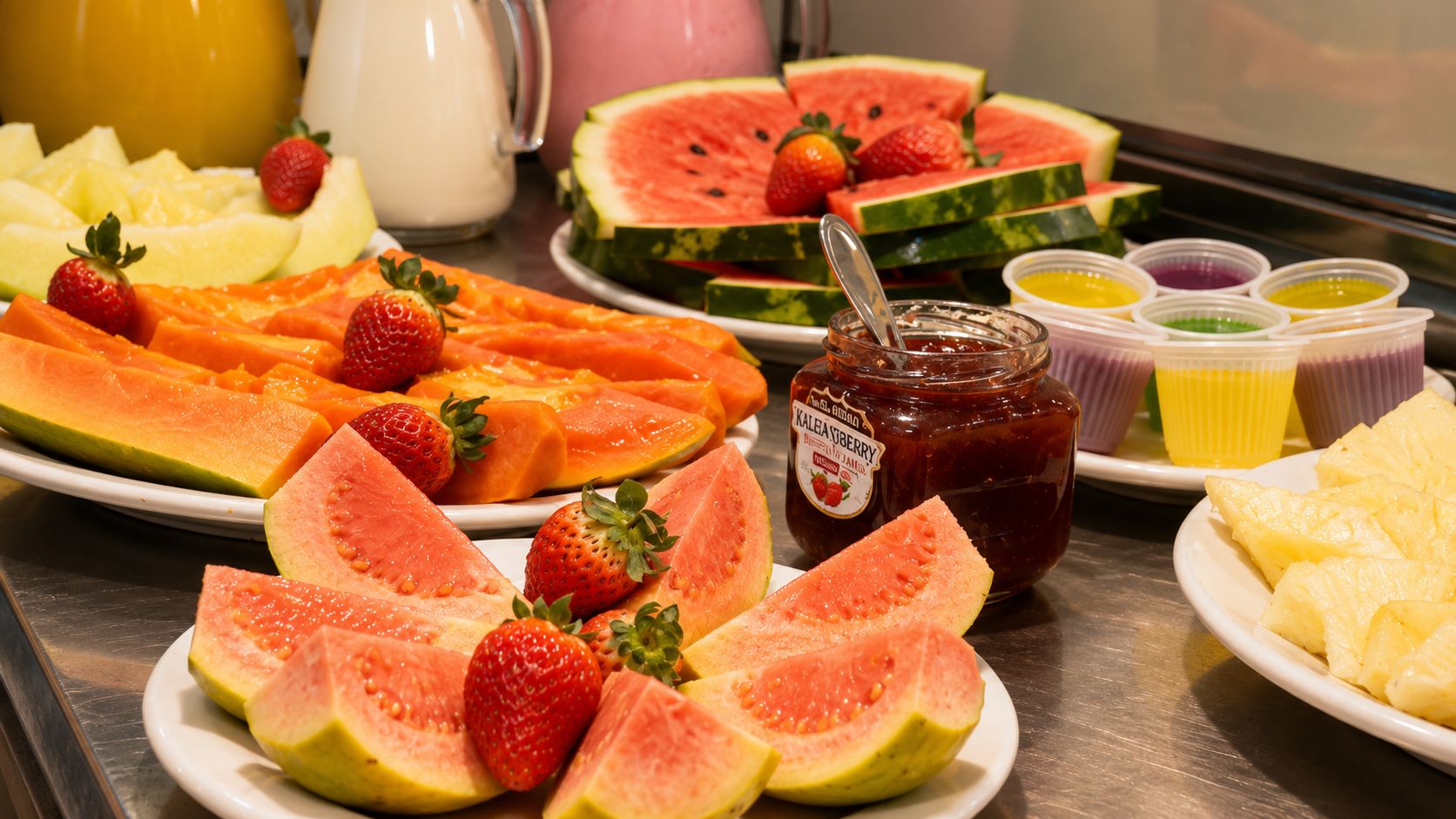 A variety of fruits and a jar of jam on a table.
