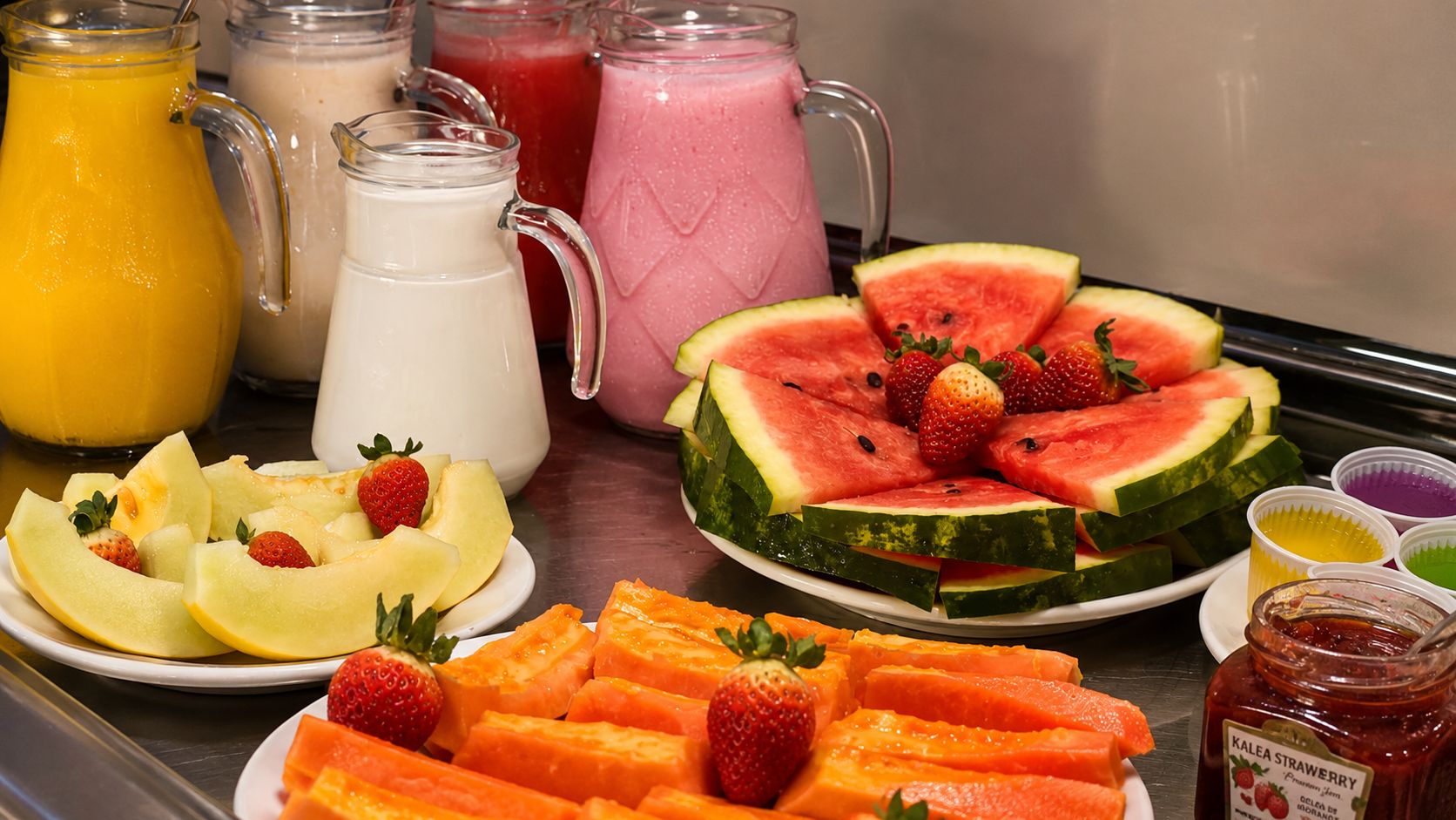 Variedad de rebanadas de fruta y bebidas sobre una mesa.
