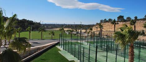 Ein Tennisplatz mit grüner Belag, umgeben von Palmen und einem klaren Himmel.