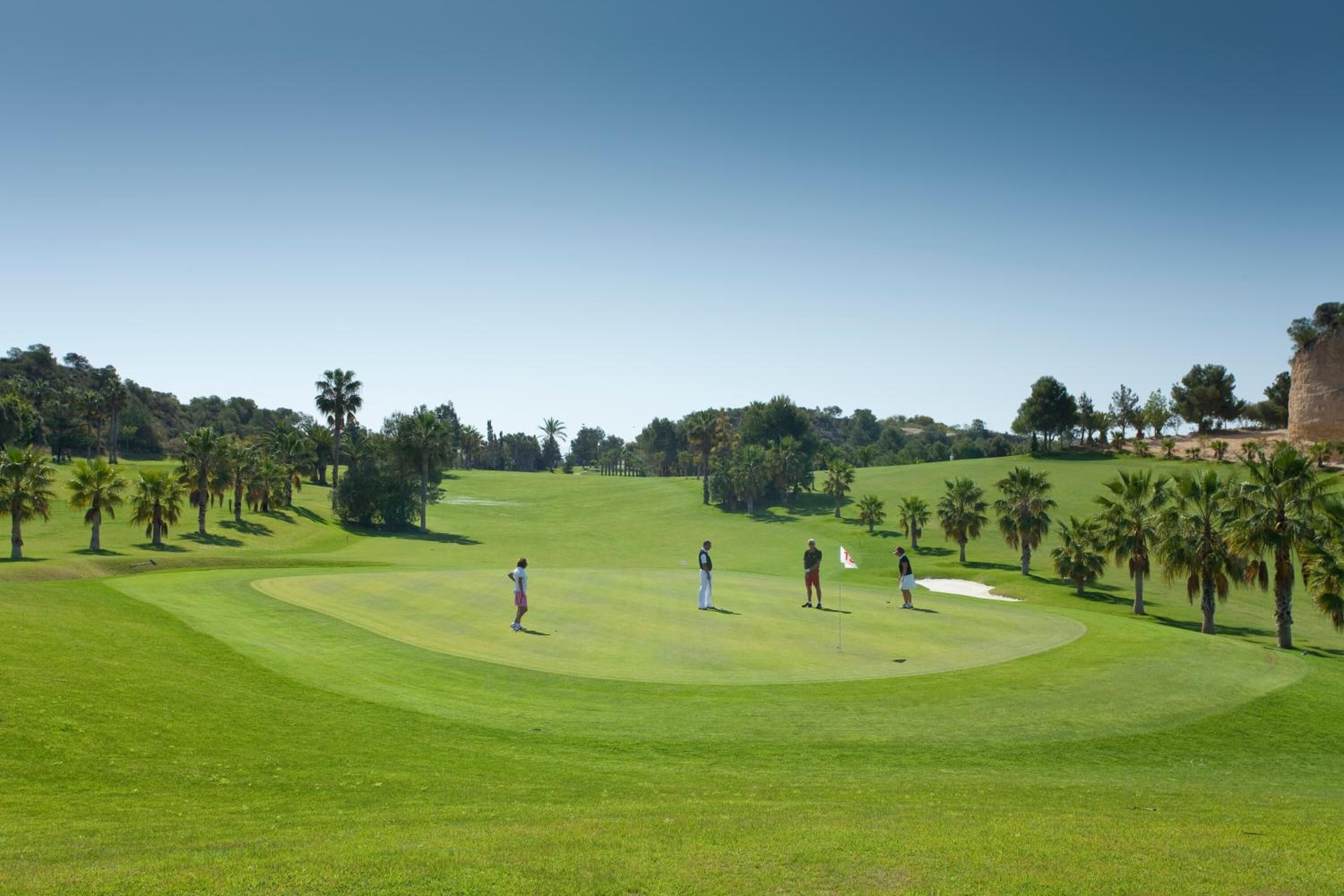 Camp de golf amb cel serè, palmeres i un búnquer de sorra.