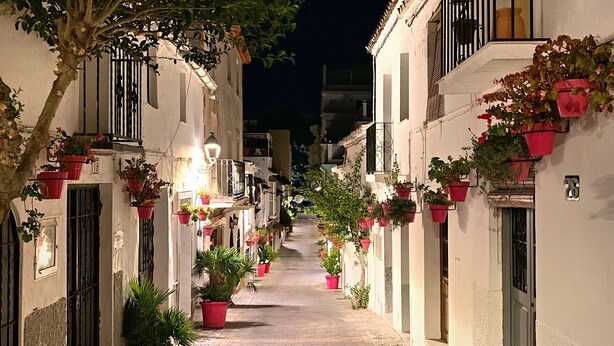 A narrow cobblestone street lined with buildings, each adorned with potted plants and illuminated by warm lighting.