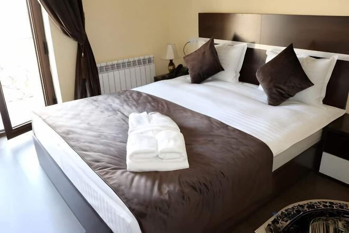 A hotel room with a large bed, a nightstand, a lamp, and a view of the outdoors.