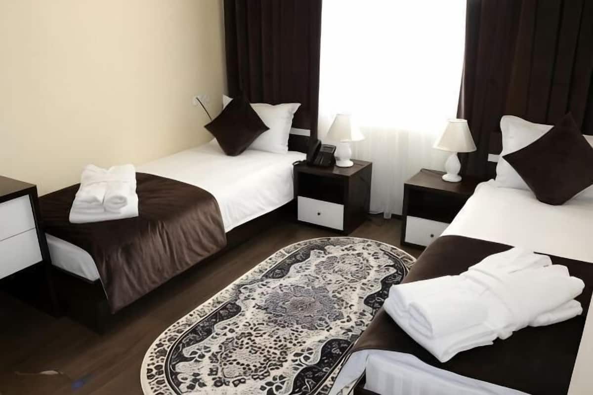 A hotel room with two beds, a nightstand with a lamp, a bedside table, and a patterned rug.