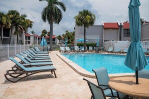 A poolside area with lounge chairs and umbrellas, a swimming pool, and palm trees.