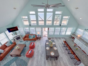 Smart TV, fireplace, video games, DVD player