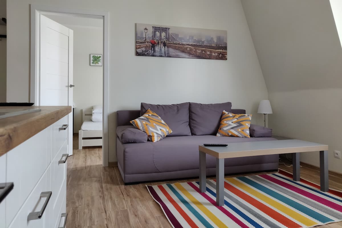 Een moderne woonkamer met een bank, een salontafel en een kleurrijk gestreept tapijt.