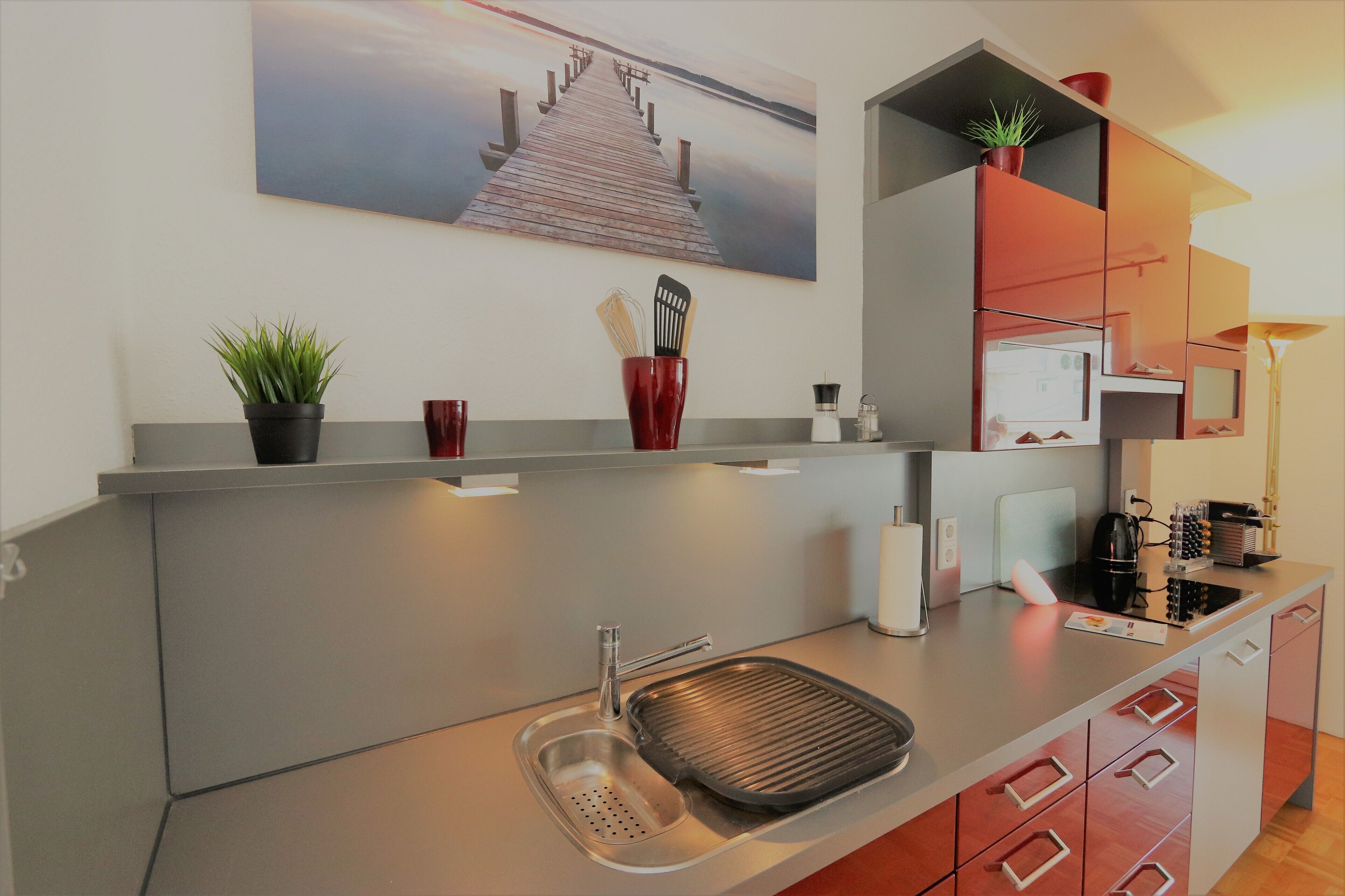 Deluxe Condo | Private kitchen | Fridge, microwave, stovetop, espresso maker