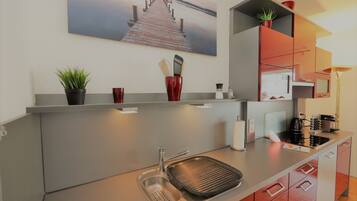 Deluxe Condo | Private kitchen | Fridge, microwave, stovetop, espresso maker