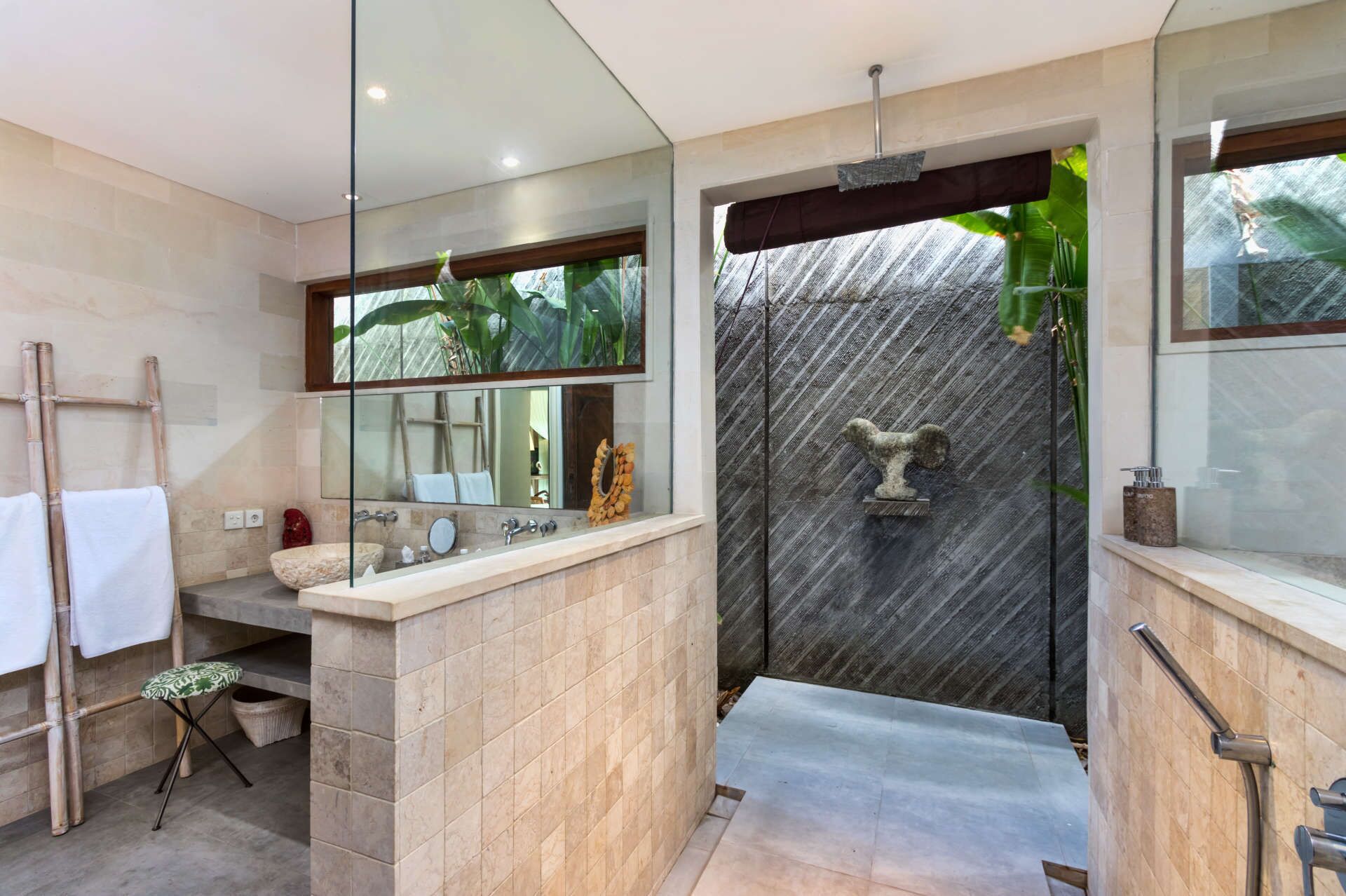 Rainfall showerhead, hair dryer, bathrobes, towels