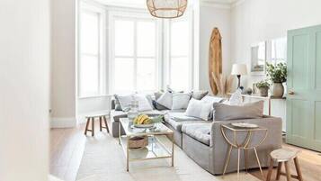 TV, fireplace, books