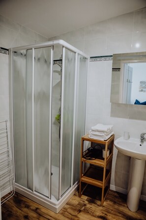 Regadera, secadora de cabello, toallas, jabón 