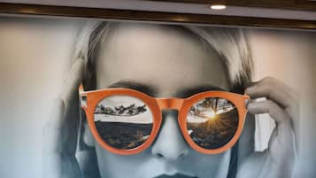 A framed portrait of a person with a landscape reflected in the glasses.