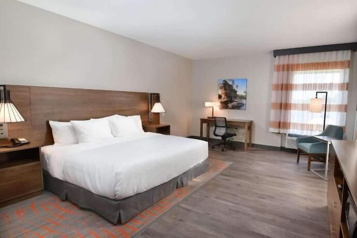 A hotel room with a bed, desk, chair, TV, and a painting on the wall.