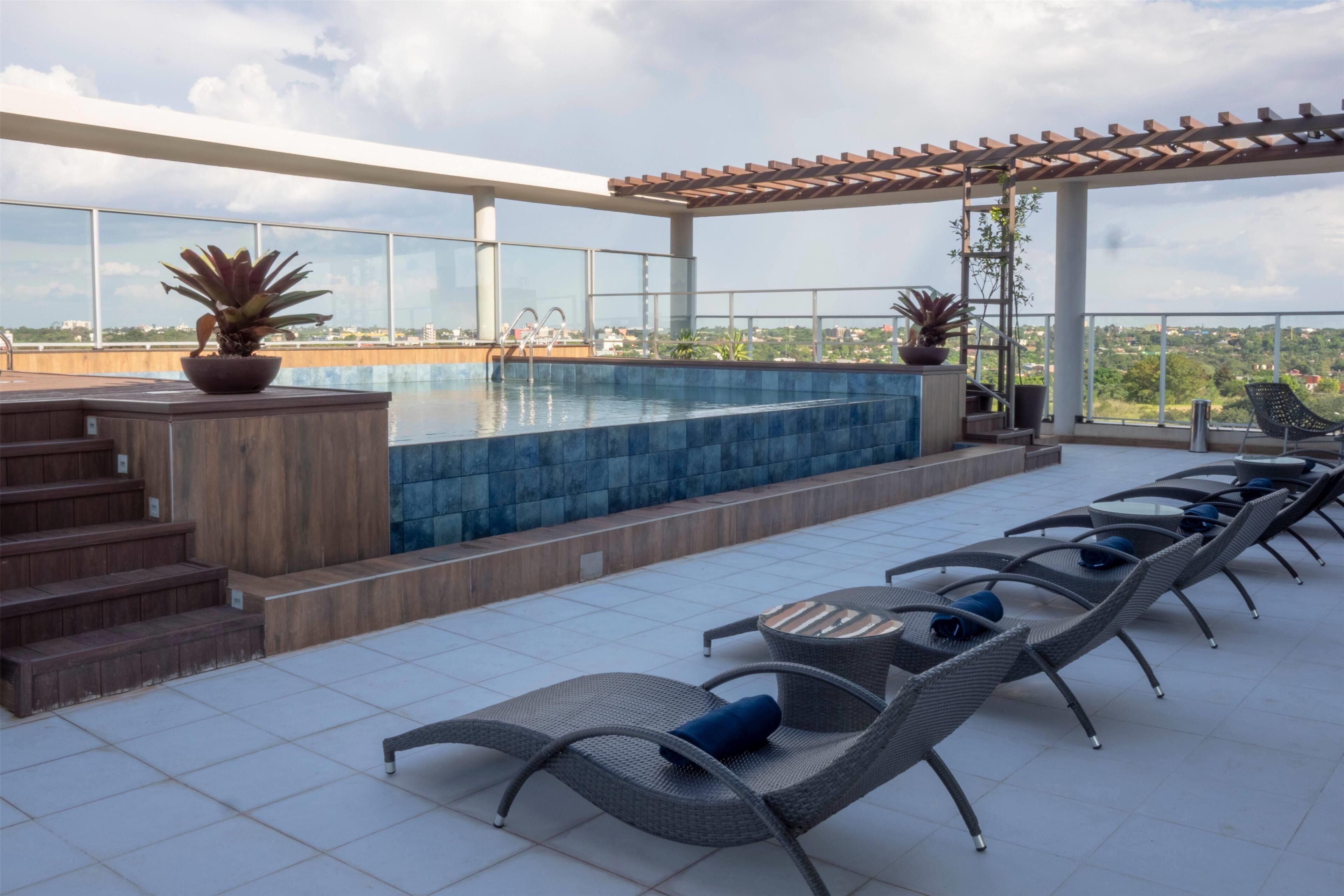 outdoor pool, pool loungers