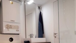 A modern bathroom with a toilet, a vanity with a mirror, and a shower area. - Flat at Grand Place. (Brussel)