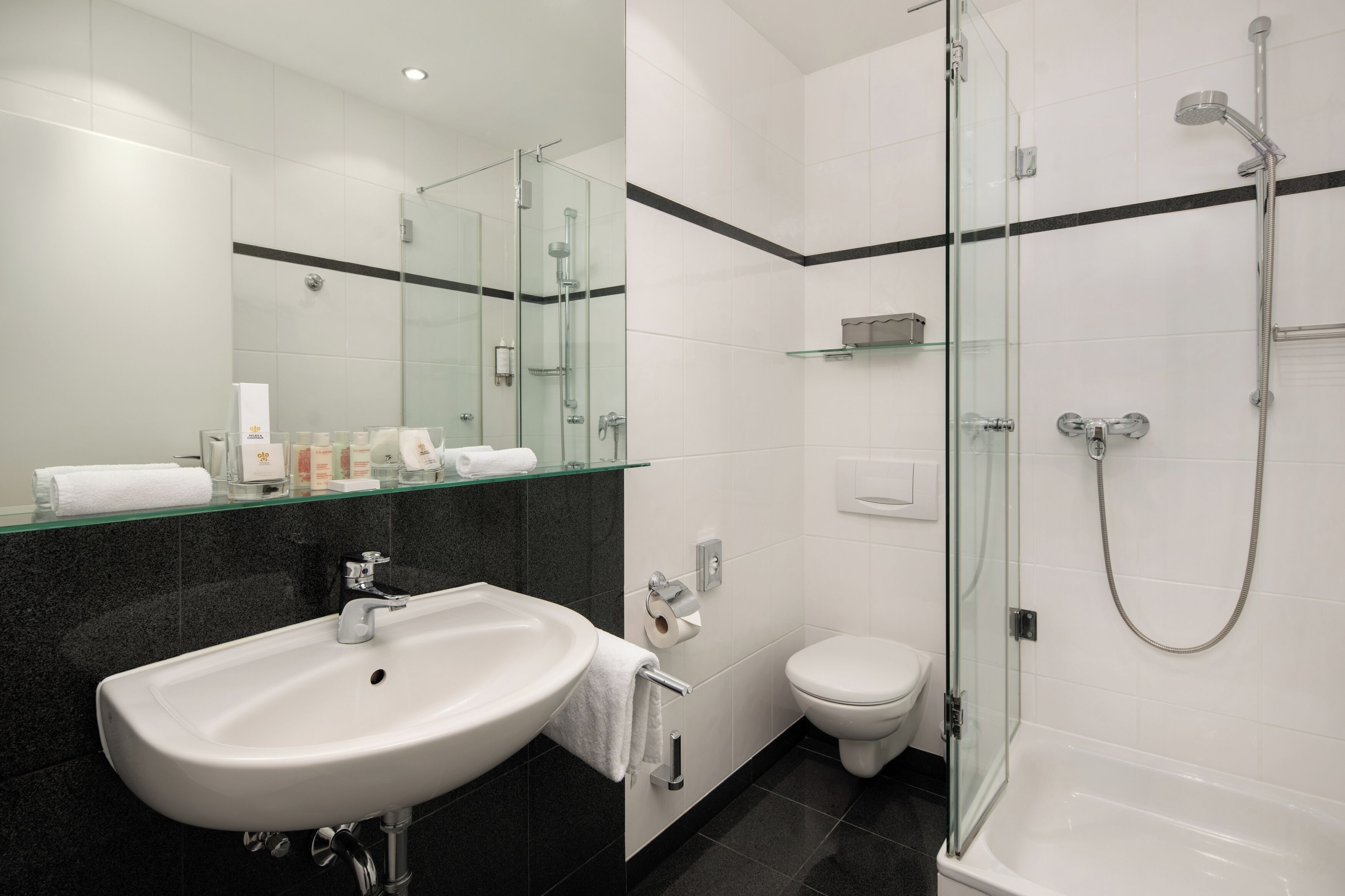 A modern bathroom with a glass shower enclosure, a white sink, and a toilet.