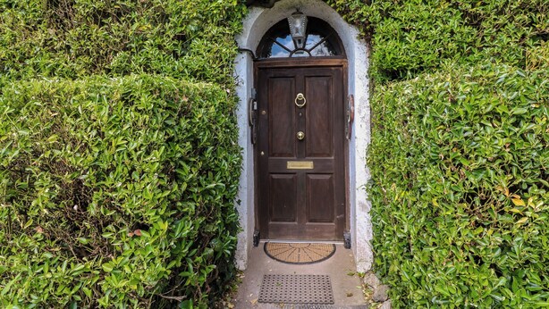 A door surrounded by dense green foliage, with a small window above it and a metal step leading up to the door. - Cairbre House (Dungarvan)