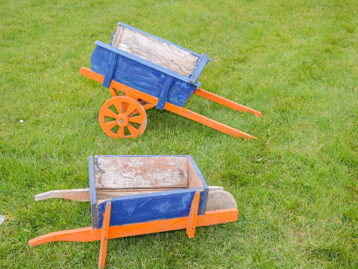 Two wooden wheelbarrows on a grassy field.