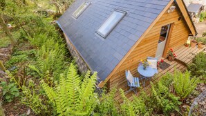 Una pequeña cabaña de madera con techo inclinado, un porche con mesa y sillas, y un jardín con helechos y flores.