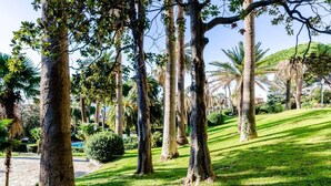 Un parc avec de grands arbres, une pelouse bien entretenue et un sentier pavé de pierres.