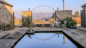 Un patio con muro de piedra, una reja metálica, una pequeña piscina y plantas en macetas.