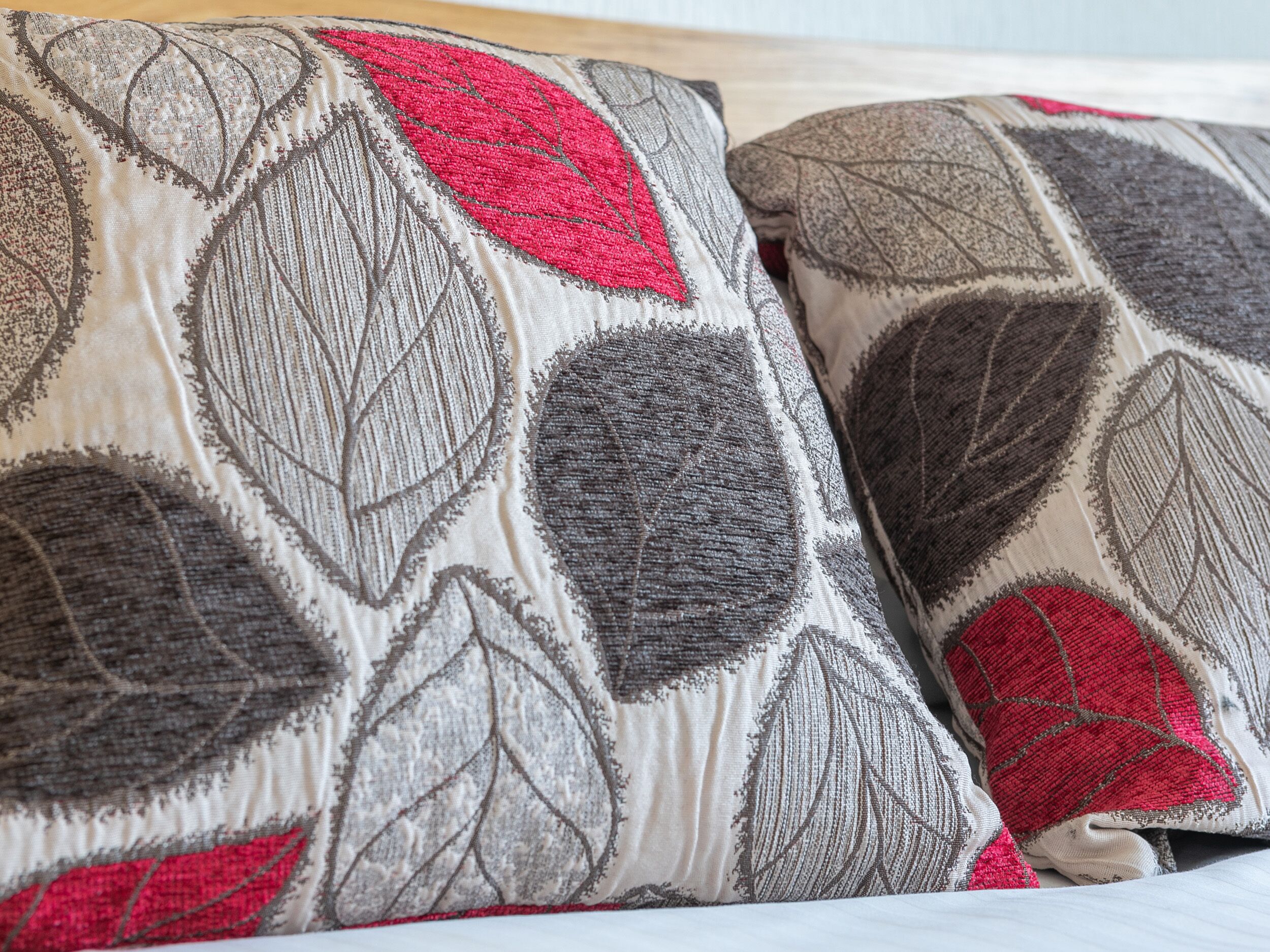 A close-up of two decorative pillows with leaf patterns.