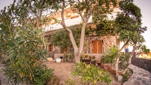 A courtyard with a stone wall, potted plants, and a building with a stone facade and wooden shutters. - Vagia Beach Apartments (Aegina)