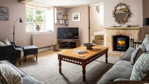 A cozy living room with a fireplace, a television, a bookshelf, and a large window. - Orchard House (Moreton-in-Marsh)