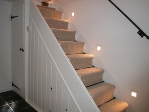 Stairs lead up to a carpeted finish, flanked by small lights and a black handrail.