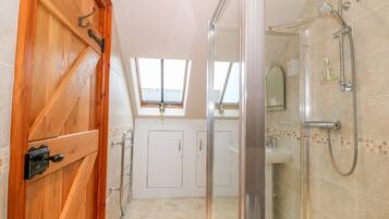 A modern bathroom with a glass shower enclosure, a wooden door, and a skylight.