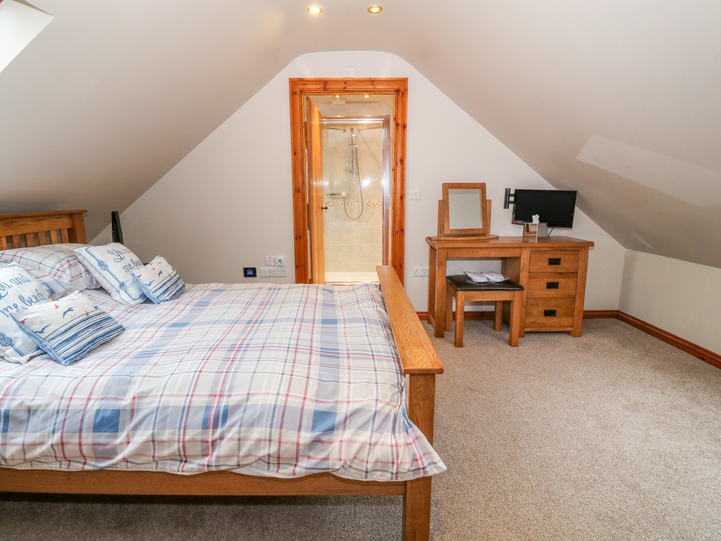 Une chambre avec un lit, un bureau, une chaise et une douche.