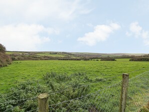 Ländliche Landschaft mit sanften grünen Hügeln, einem Stacheldrahtzaun und blauem Himmel.