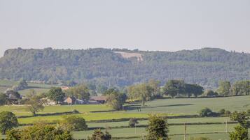 A rural landscape with a hill, fields, and a few buildings.