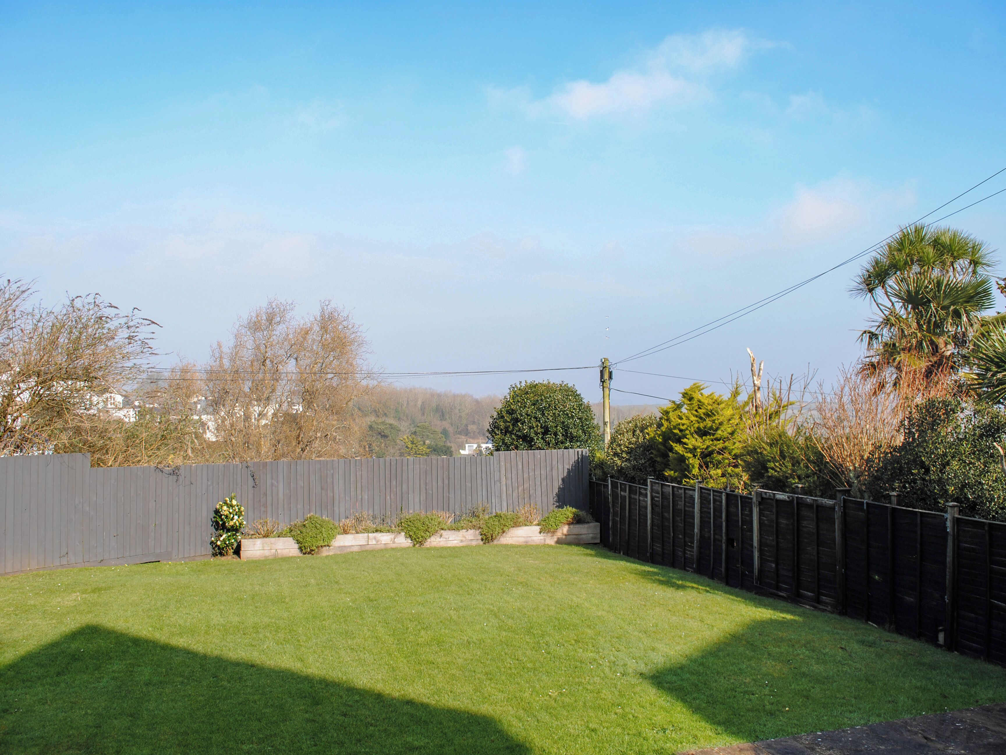 A backyard with a wooden fence, a lawn, and some trees.