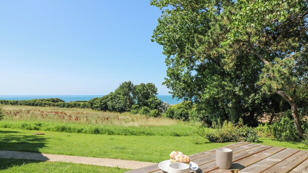 A wooden picnic table with a white mug and a plate with food, set against a backdrop of a grassy field and a tree, with a clear view of the sea in the distance. - Washingpools (Dorchester)