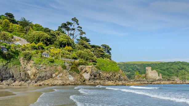 A coastal landscape with a rocky cliff, lush greenery, and a historic stone structure. - Westland (Salcombe)