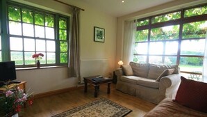Un salón acogedor con sofá, una mesa de centro y televisor. Amplias ventanas con cortinas, un radiador y un cuadro en la pared.