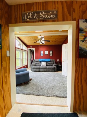 Smart TV, fireplace, DVD player, books