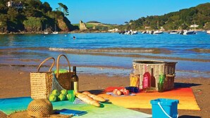 A beach picnic setup with a basket, bottles, fruits, and a beach umbrella on a blanket.