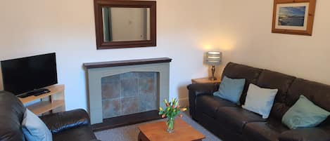 A living room with a fireplace, a television, a sofa, and a coffee table.