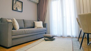 Una sala de estar con un sofá gris, una silla, un tapete estampado y un ventanal con cortinas.