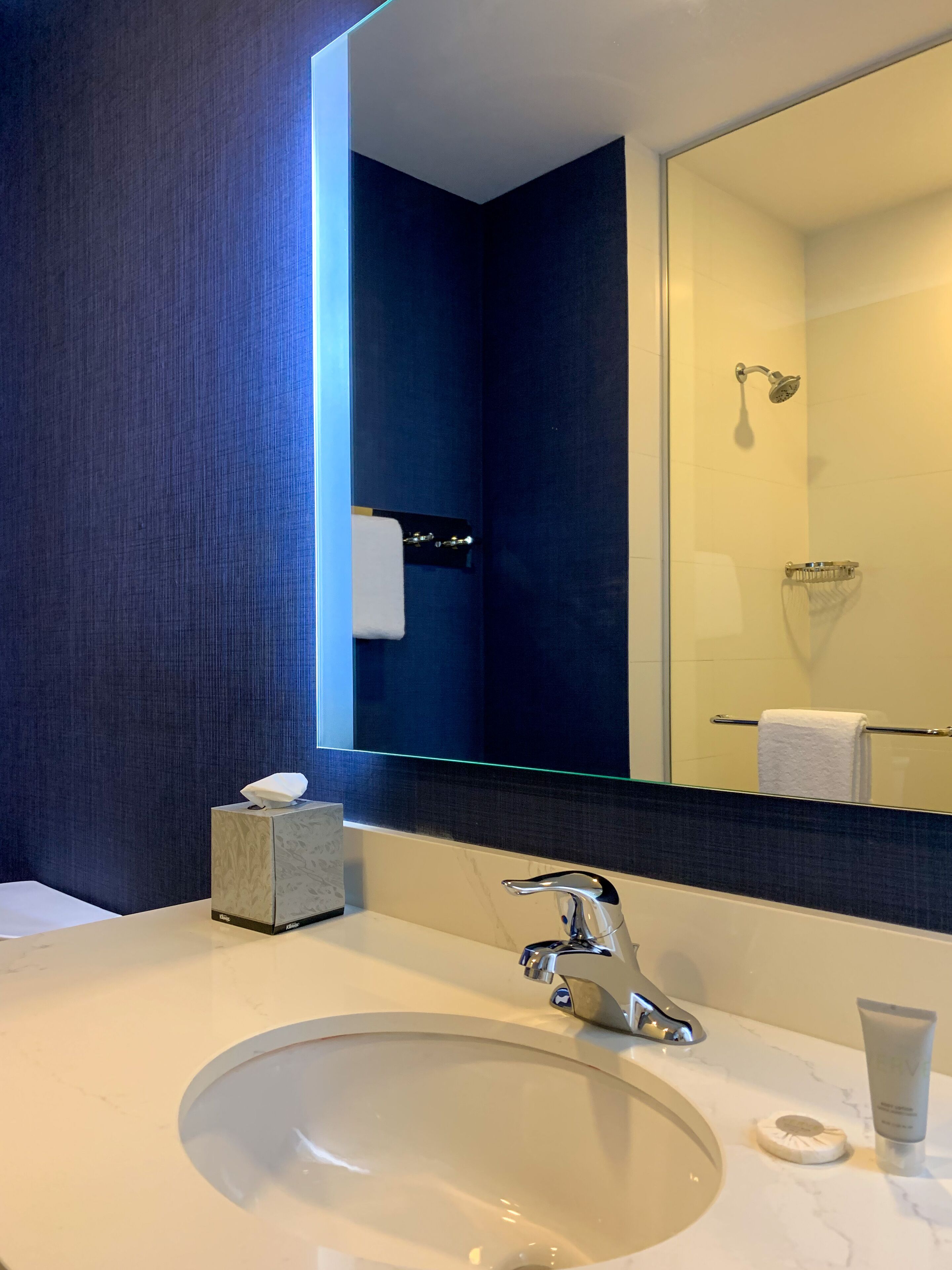 shower, free toiletries, hair dryer, towels