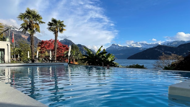 Ein Swimmingpool mit Blick auf eine Berglandschaft, umgeben von Palmen und roten Blättern.