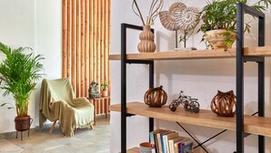 A room with a wooden chair, a bookshelf, and a potted plant. - Charm Hotel Hersonissos (Hersonissos)