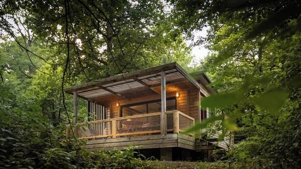 Una cabaña de madera con balcón, rodeada de un bosque denso.