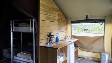 Tent | Private kitchenette | Stovetop, highchair, cookware/dishes/utensils, cleaning supplies