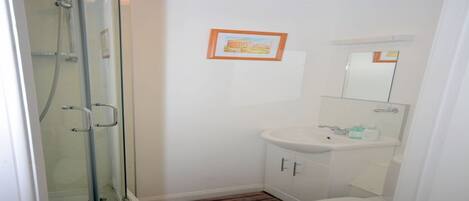 Un baño con cabina de ducha de vidrio, un lavamanos blanco y un inodoro.