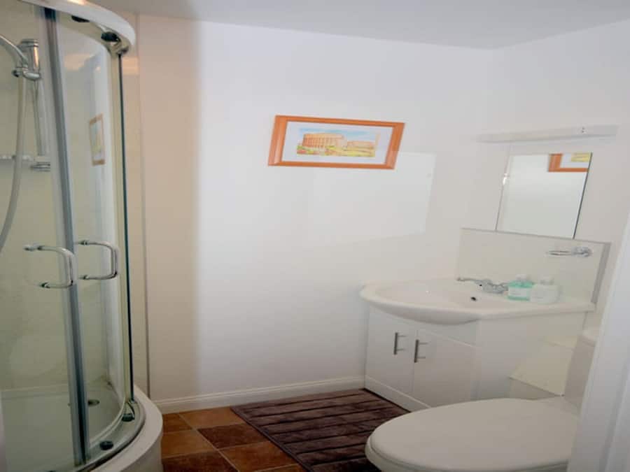 A bathroom with a glass shower enclosure, a white sink, and a toilet.