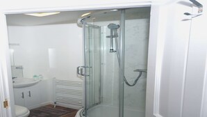 Ducha con cerramiento de vidrio, cabezal de ducha manual, lavamanos blanco y un inodoro.